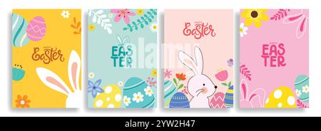Happy easter Clipart Hintergrund Set. Happy easter sunday Wishes Clip Art Kollektion mit farbenfrohen abstrakten Häschen, Eiern und Blumen Dekoration Stock Vektor