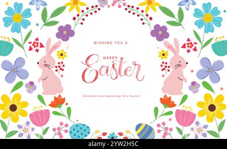 Happy easter Wishes Clipart Hintergrund. Happy easter sunday Einladung Clip Art mit Häschen, Eiern und bunten Blumen Zeichnung Dekoration Design. Stock Vektor