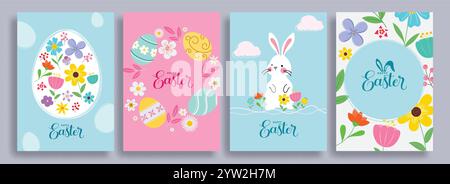 Osterwünsche Clip Art Poster Hintergrund Set. Happy easter sunday Clipart-Kollektion mit Eiern, Häschen und Blumen in farbenfroher abstrakter Zeichnung. Stock Vektor