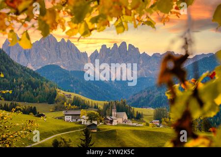 Goldene Blätter umgeben sanft ein malerisches Dorf, umgeben von üppigen grünen Hügeln und hohen Gipfeln der Dolomiten. Santa Maddalena Val di Funes Italien Herbst Stockfoto