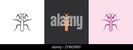 Mantis-Vektor-Symbolsatz. Schwarze und farbenfrohe Logo-Vorlage Stock Vektor