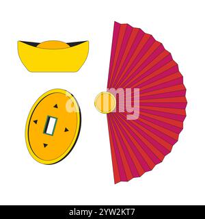 Chinesische Neujahrssymbole des Wohlstands 2D-Zeichentrickobjekte Set Stock Vektor
