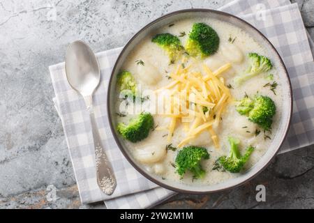 Scharfe cremige Brokkoli-Gnocchi-Suppe mit Cheddar-Käse, Thymian, Zwiebeln und Knoblauch in Nahaufnahme auf einem Teller auf dem Tisch. Horizontale Draufsicht von oben Stockfoto