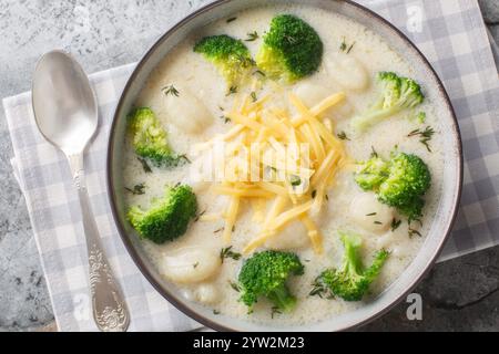 Winter Brokkoli Gnocchi Suppe mit Cheddar Käse, Thymian, Zwiebeln und Knoblauch in Nahaufnahme auf einem Teller auf dem Tisch. Horizontale Draufsicht von oben Stockfoto