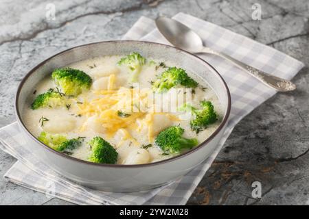 Scharfe cremige Brokkoli-Gnocchi-Suppe mit Cheddar-Käse, Thymian, Zwiebeln und Knoblauch in Nahaufnahme auf einem Teller auf dem Tisch. Horizontal Stockfoto