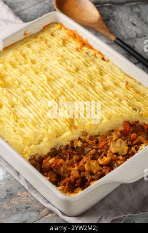 Veganer gebackener Hirtenkuchen mit Linsen, Pilzen und viel Gemüse in einer Auflaufform auf dem Tisch. Vertikal Stockfoto