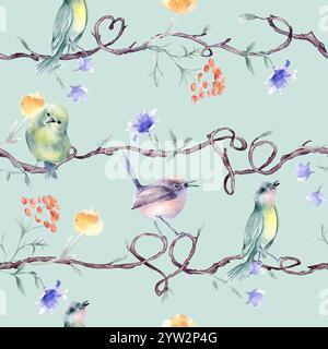 Horizontaler nahtloser Baum mit Blumen- und Vogelaquarell isoliert. Zweige auf wiederholtem Hintergrund mit zartem violettem, grünem Birdies-Handzeichnen Stockfoto