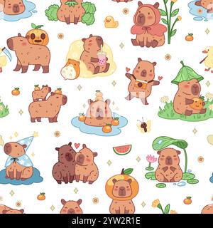 Cartoon Happy Capybaras nahtloses Muster. Lustige exotische Tiere, wiederholte Kawaii-Charaktere, die größten niedlichen Nagetiere. Dekor aus Textil, Verpackung, Tapete Stock Vektor