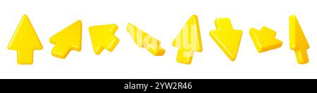 3D-Mauszeiger anklicken. Dreidimensionale Objekte, gelbe Pfeile, verschiedene Winkel und Richtungen, interaktive Zeiger und Pfeile. Navigationstaste, ui Stock Vektor