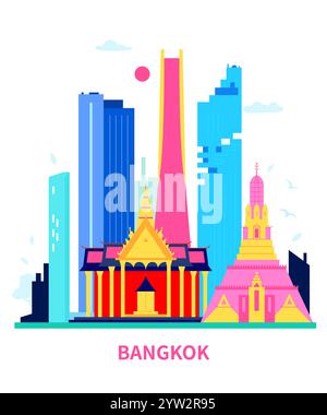 Zeitgenössisches Zentrum und Geschichte von Bangkok - moderne farbige Vektorillustration Stock Vektor