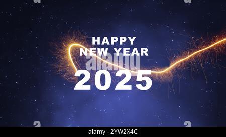 Feuerwerk mit Text von Happy New Year 2025 mit Hintergrund der Nachtszene. Happy New Year Konzept oder Feier Stockfoto