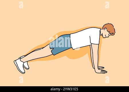 Mann, der Liegestütze macht Fortschritte beim Abnehmen, und fühlt sich verschwinden dank Fitness und Sport. Guy demonstriert die korrekte Ausführung von Liegestützen vom Boden aus, um ein Ergebnis zu erzielen Stock Vektor
