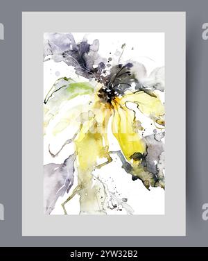 Abstrakte Poster mit groovigen Blumen mit hellgelben Aquarellblumen, die ein starkes natürliches Aroma ausstrahlen Stock Vektor