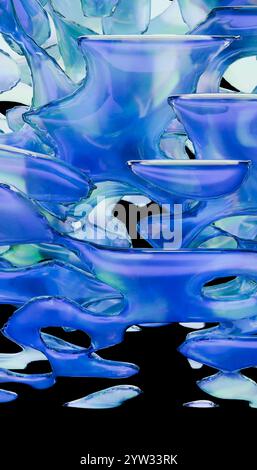 Abstraktes Bild von blau schillernden Glassplittern mit einer flüssigen und glänzenden Textur auf schwarzem Hintergrund. Stockfoto