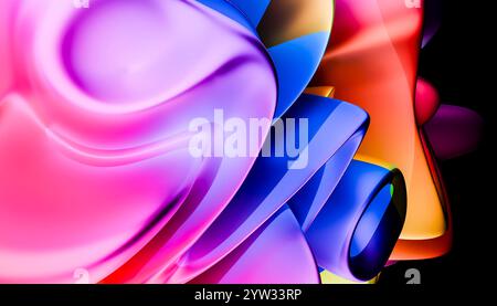 Lebendige abstrakte Wellen mit einer sanften Mischung aus violetten, rosa, blauen und orangen Farben, die einen dynamischen und künstlerischen Hintergrund schaffen. Stockfoto