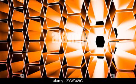 Abstraktes orangefarbenes geometrisches Muster mit sich wiederholenden Formen und dynamischer Komposition. Stockfoto