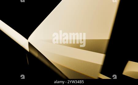 Abstraktes geometrisches Muster aus weißen Tafeln vor schwarzem Hintergrund, das ein Gefühl von Tiefe und Perspektive schafft. Stockfoto
