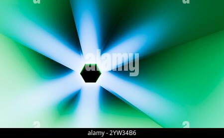Sechseckiges Licht, das von der Mitte aus auf einen Farbverlauf von Grün- und Blautönen strahlt. Stockfoto