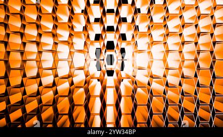 Abstrakte orangefarbene geometrische Wand mit einem Muster aus hervorstehenden würfelförmigen Formen, die einen dreidimensionalen Effekt erzeugen Stockfoto