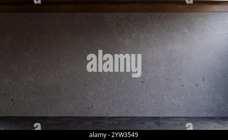 Abbildung einer leeren grauen Betonwand mit dunklem strukturiertem Boden unter einem Holzvorsprung. Stockfoto