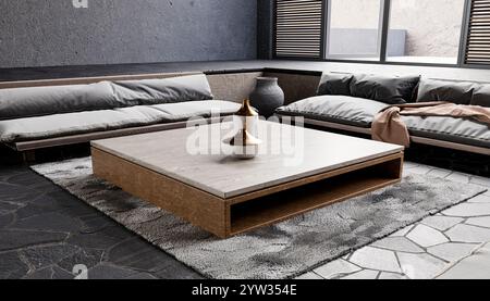 Illustration eines modernen Wohnzimmers mit einem großen, tief liegenden Couchtisch, einem Sofabett und einer dekorativen Vase auf einem Teppich mit strukturiertem Bereich. Stockfoto