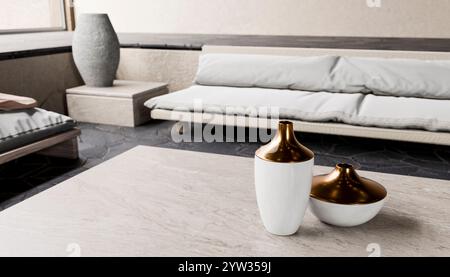 Illustration eines eleganten modernen Wohnzimmers mit einem flachen weißen Sofa und stilvollen goldenen und weißen dekorativen Vasen auf einem Marmortisch. Stockfoto