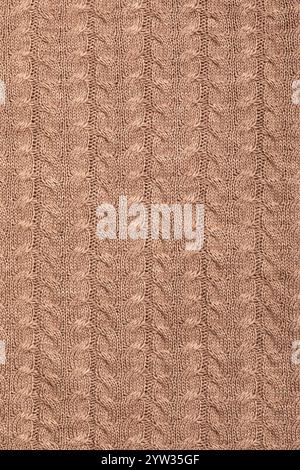 Nahaufnahme eines detaillierten Zopfstricks in sanften Brauntönen mit kompliziertem Webmuster und Textur Stockfoto