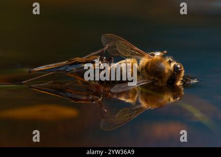 Sandpiper (Gerris lacustris), westliche Honigbiene (APIs mellifera), Rheinland-Pfalz, Deutschland, Europa Stockfoto