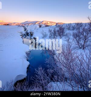 Ein Fluss, der durch eine schneebedeckte Landschaft fließt Stockfoto