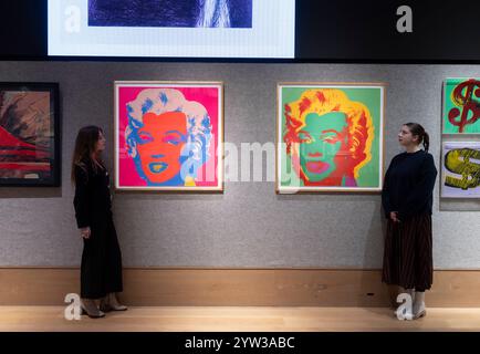 Bonhams, London, Großbritannien. Dezember 2024. Zwei der begehrtesten Marilyn Monroe Porträts von Andy Warhol werden am Dienstag, den 10. Dezember, in der New Bond Street, London, in Bonhams' Prints & Kombiwetten-Sale zu sehen sein. Die Werke haben Schätzungen von £ 120.000-180.000 (rot) und £ 100.000-150.000 (grün). Quelle: Malcolm Park/Alamy Live News Stockfoto