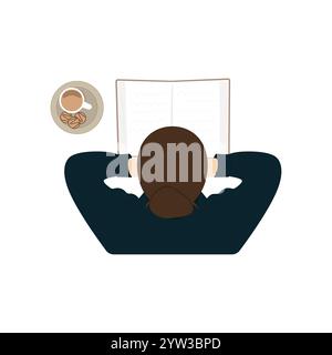 Frau liest ein Buch und trinkt Kaffee. Eine Studentin studiert zu Hause oder in einem Café. Literatur-Hobby, intellektuelle Freizeitbeschäftigung. Stock Vektor