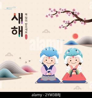 Koreanisches Neujahr. Ein Kind mit einem Schlangenmütze und einem traditionellen Hanbok begrüßt das neue Jahr 2025. Übersetzung: 'Happy New Year'. Stock Vektor