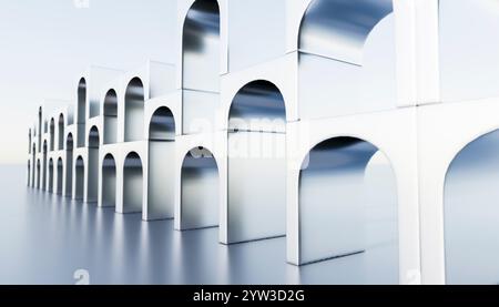 Abbildung von weißen Bögen, die einen langen Korridor mit Reflexionen auf einem glänzenden Boden unter sanfter Beleuchtung bilden Stockfoto