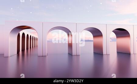 Illustration einer ruhigen und surrealen Landschaft mit einer Reihe symmetrischer weißer Bögen, die sich auf einer glatten Oberfläche spiegeln Stockfoto