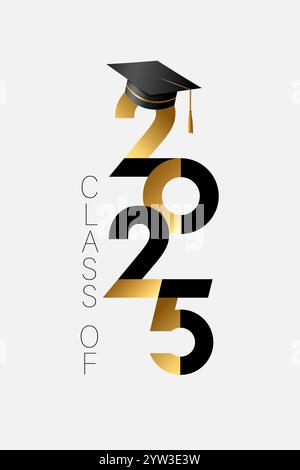 Graduierungslogo der Klasse 2025 mit schwarzer akademischer Kappe. Glückwunsch Absolventen, Vektor-Dekorationskonzept für Party High School oder College Event Stock Vektor