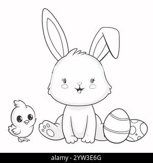 Linie schwarz-weiß Illustration von glücklichem Hasen mit Ostereiern, Hühnern, Blumen. Kawaii Hase für Ostermalerei oder Malbuch Stock Vektor