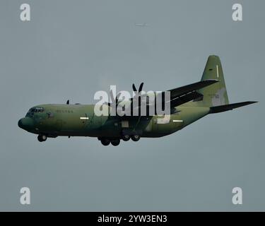 SINGAPUR - 13. FEBRUAR 2024: Das Kunstflugzeug der Republik Korea Air Force Black Eagles C-130 Stützflugzeug ist auf der Singapur Ai angekommen Stockfoto