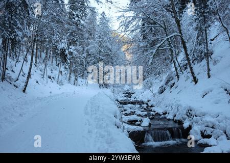 Schnee bedeckt die Landschaft, bedeckt Bäume und den Weg neben einem sanften Bachlauf im Tagernsee. Stockfoto