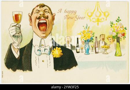 Klassische Neujahrsgrußkarte mit einem gut gekleideten Mann, der zum Neujahr toast Stockfoto