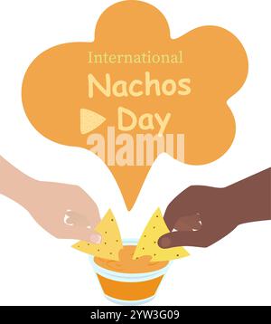 Männliche und weibliche handgetauchte Nachos in Untertasse mit Käsesauce. „International Nachos Day“-Schriftzug. Isolierte Vektor-Illustration Vorlage Thematische Karten, Posts, Banner, Tag, Etikett oder Web-Promo-Promo-Broschüre Stock Vektor