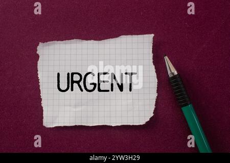 Dringende Nachricht auf gerissenem Papierstück mit violettem Hintergrund geschrieben. Konzeptionelles dringendes Wortsymbol. Kopierbereich. Stockfoto