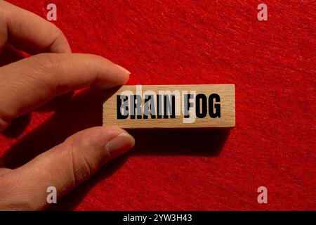 Hirnnebel-Nachricht auf Holzblock mit rotem Hintergrund. Konzeptionelles Hirnnebelsymbol. Kopierbereich. Stockfoto