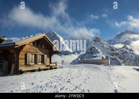 Holzchalet und Skipiste, mit Blick auf Eiger, Mönch und Tschuggen, Grindelwald, Berner Alpen, Kanton Bern, Schweiz, Europa Stockfoto