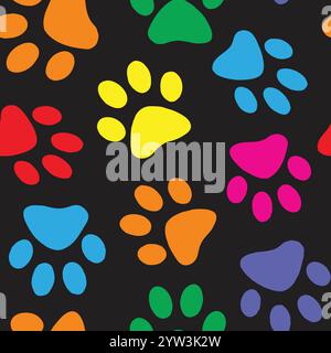 Niedliche bunte Katzenpfote Drucke auf schwarzem nahtlosem Vektor-Muster Hintergrund Tapete Textil Scrapbook. Vektorabbildung Stock Vektor