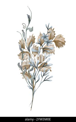 Trendige Blätter, rosa und rostrosa Hochzeitsstrauß. Getrocknete Blüte. Beige, Gold, Braun, Rost, Taupe. Handgezeichnete Aquarelle Stockfoto