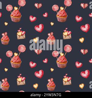 Nahtloses Valentinstag-Muster. Aquarellmuster mit Herzen, Lutscher und Cupcake. Umschläge. Design für Stoff, Schreibwaren, Notizbücher und Stockfoto