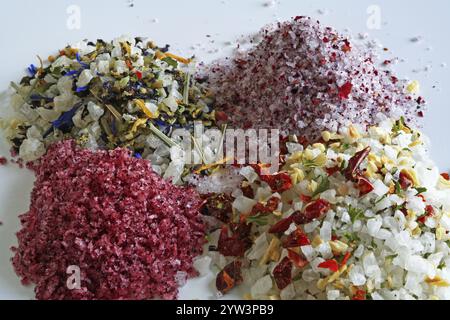 Bunte Meersalze, Meersalze mit verschiedenen Zutaten wie Hibiskus, verschiedene Kräuter, Rosenblätter, Chili und Paprika. Hessen, Bundesrepublik G Stockfoto