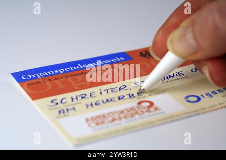 Weibliche Hand ausfüllen einer Organspenderkarte, Organspenderkarte, Organspende Hessen, Bundesrepublik Deutschland Stockfoto