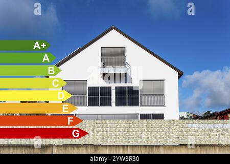 Solarpaneele an einer Hauswand eines Einfamilienhauses in Aachen, Energieeffizienzklassen nach GEG, Aachen, Deutschland, Europa Stockfoto