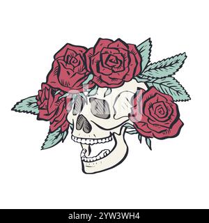 Hand gezeichneter blumiger menschlicher Schädel mit Rosenkranz isoliert auf weißem Hintergrund Stock Vektor